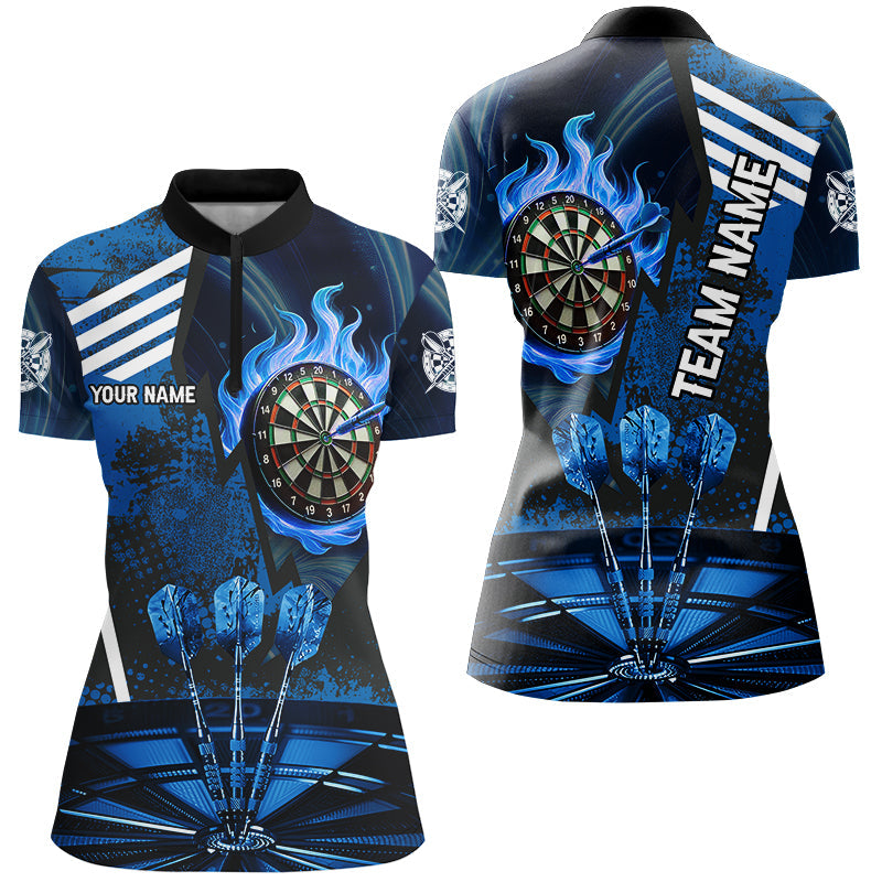 Blaues Feuer-Flammen-Dartboard-Shirt für Damen, personalisiertes Ligatrikot TDM2700