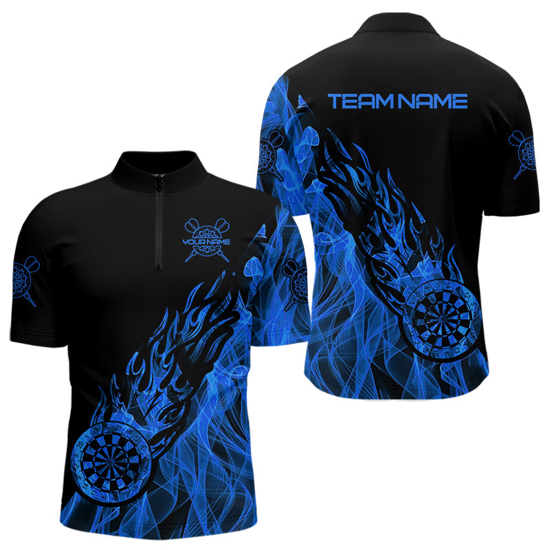 Individuelles Schwarz und Blau Flamme Dartboard Darts Viertelreißverschluss Shirts Herren, Dart Trikots TDM3706