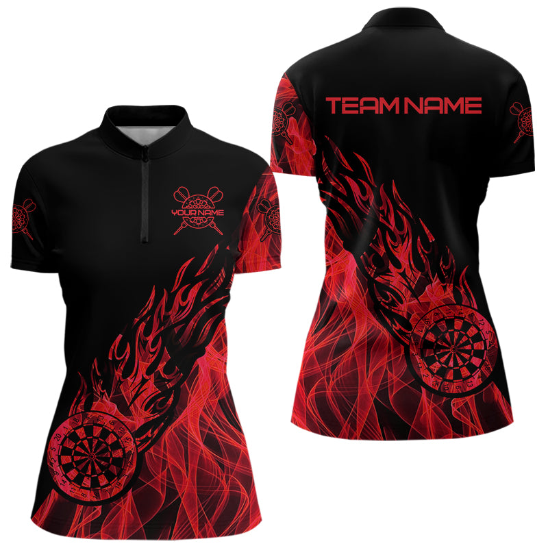 Individuelles Schwarz-Rot Flamme Dartbrett Darts Damen Quarter Zip Shirt, Dart Trikots TDM3707