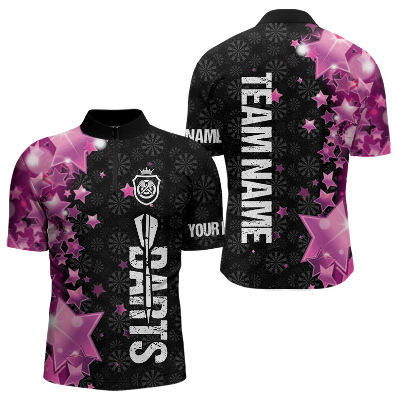 Individuelles Pink und Schwarz Stern Dart Viertelreißverschluss Herren Shirt – Lustige Leuchtende Dart Trikots TDM3884
