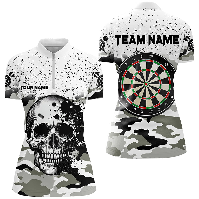 Individuelles Schwarz-Weiß Grunge Camo Schädel Dart Quarter Zip Shirt Für Damen, Dart Team Trikot TDM1994