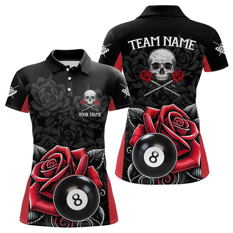 Schwarz-rotes 8-Ball-Pool und Rosen-Schädel Poloshirt für Damen, einzigartiges Billardtrikot TDM3204