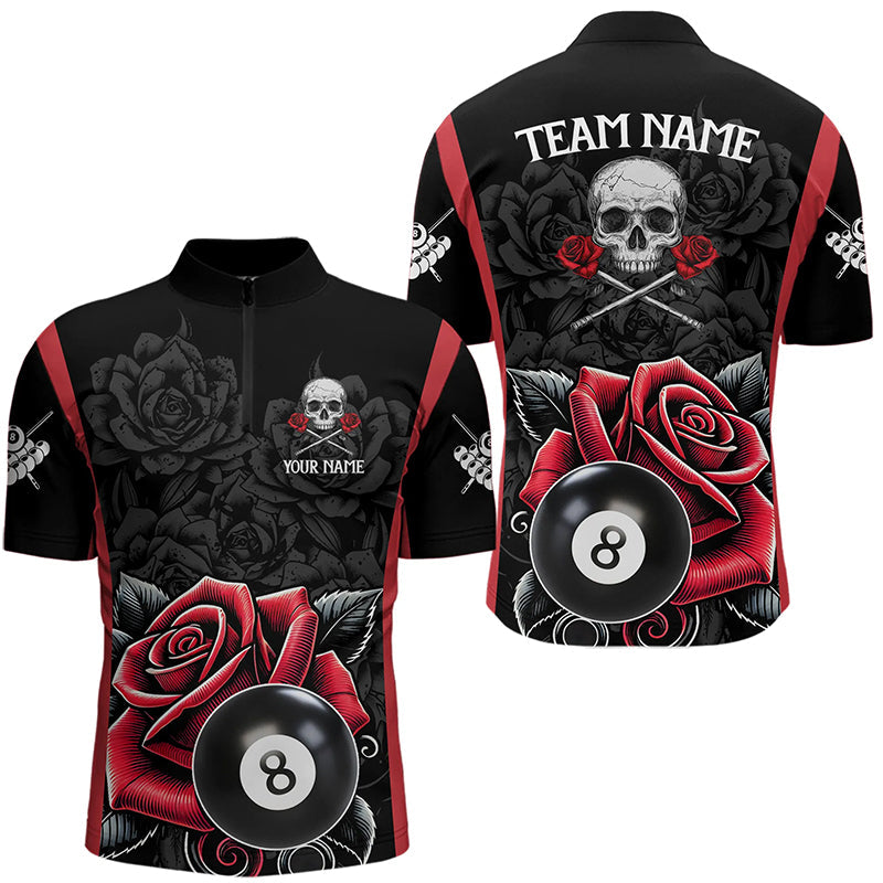 Schwarz und Rot 8 Ball Pool und Rosen Skull Herren Quarter-Zip Shirt, einzigartiges Billiard Jersey TDM3204