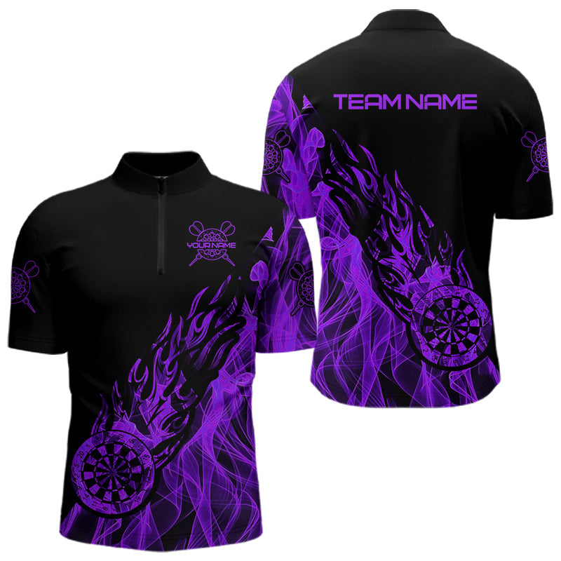 Individuelles Schwarz und Lila Dartboard Feuerflamme Dart Herren Shirt mit Viertelreißverschluss, Dart Shirt Dart Trikot TDM3409