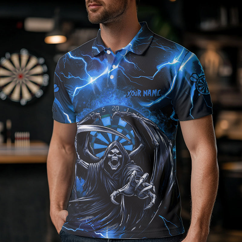 Personalisierte Blauer Todes-Skelett Donner Blitz Herren Dartshirts, 3D Darts Teamtrikots TDM3551