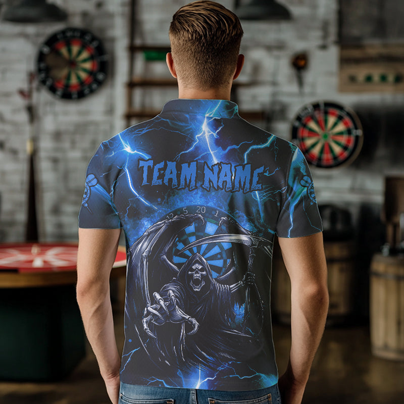 Personalisierte Blauer Todes-Skelett Donner Blitz Herren Dartshirts, 3D Darts Teamtrikots TDM3551
