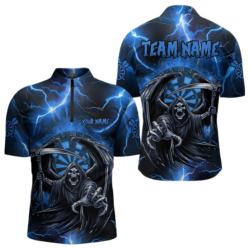 Personalisierte Blauer Todes-Skelett Donner Blitz Herren Dartshirts, 3D Darts Teamtrikots TDM3551
