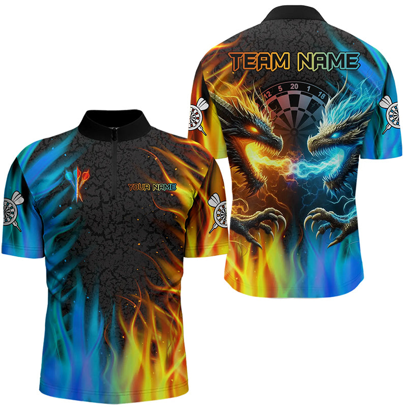 Personalisierter Drache Wasser Feuer 3D Dart Polo & Viertelreißverschluss, Herren Dartshirts Darttrikots TDM3213