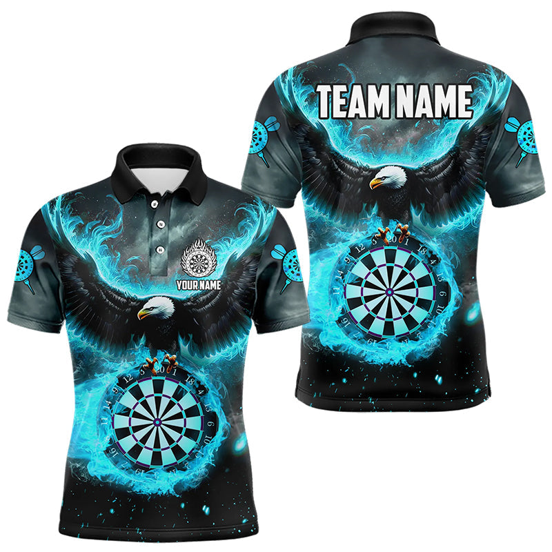 Individuelles blau-türkises Feuerflammen-Dartboard-Adler-Dart-Poloshirt für Herren, Darttrikot TDM3220