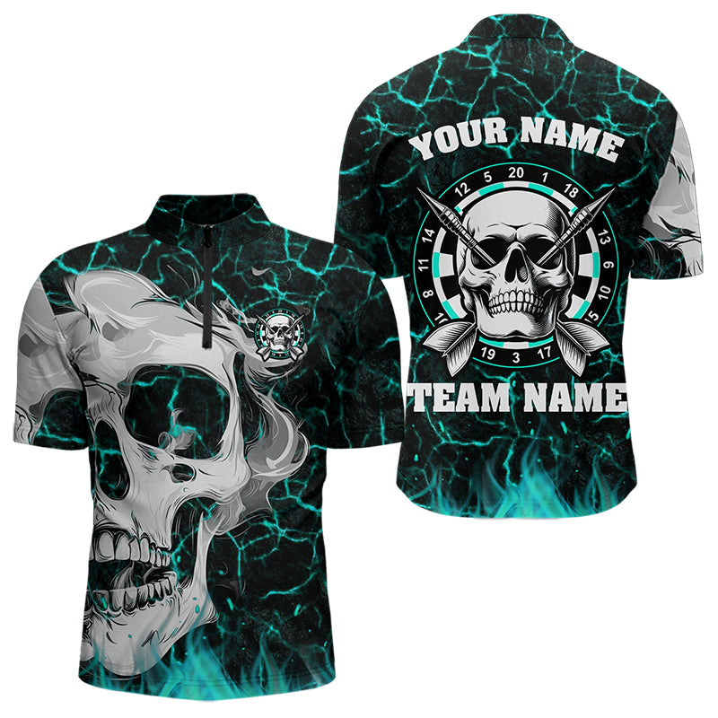 Individuelles Türkis Leuchtender Riss Skull Dart Herren Shirt mit Viertelreißverschluss, Dart Shirt Dart Trikot TDM3416