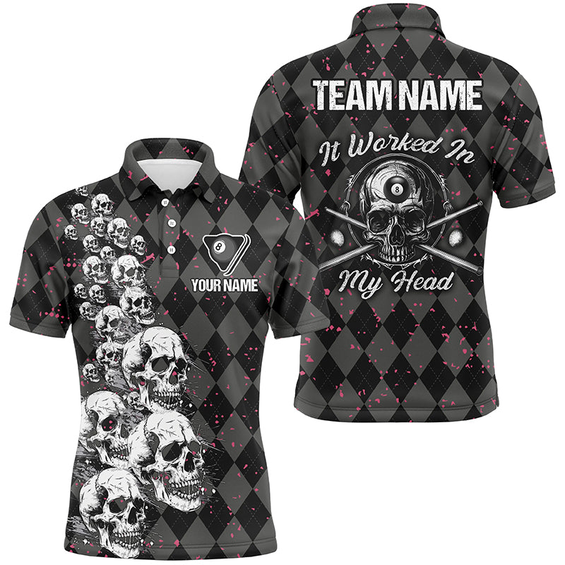 Grunge-Schädel „In meinem Kopf hat's funktioniert“-Poloshirt für Poolspieler, individuelles 8-Ball-Shirt TDM1811