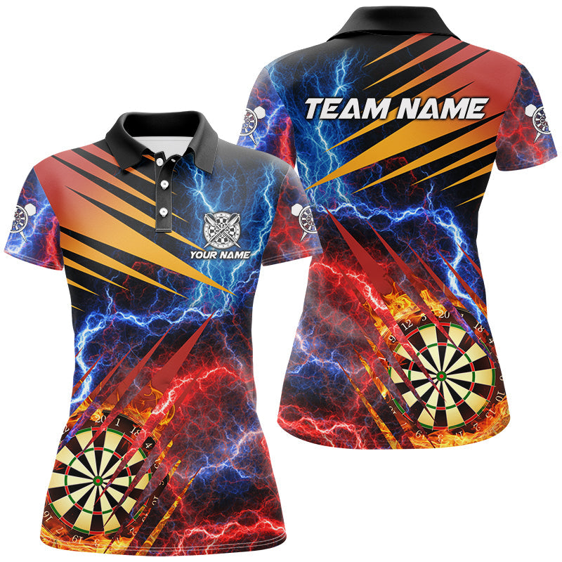 Individuelles Blau und Rotes Thunder Lightning Dart Poloshirt für Damen, Feuerflammen Team Dart Trikot TDM2979