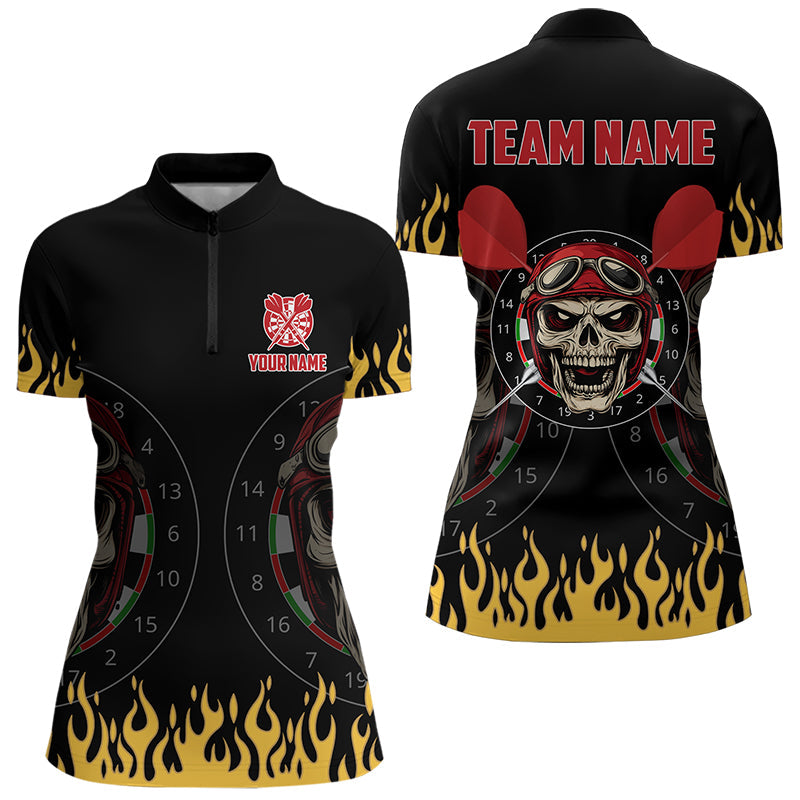 Individuelles Feuer Lustiger Schädel Darts Damen Quarter Zip Shirt, Darts Shirt Dart Trikot TDM3425