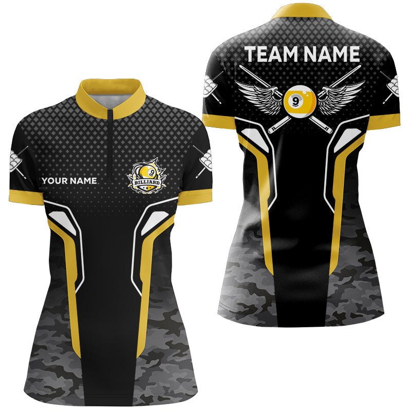 Gelb-schwarzes 9-Ball-Pool-Flügel maßgeschneidertes Tarn-Damen-Quarter-Zip Shirt, Billard-Team-Trikot TDM2742