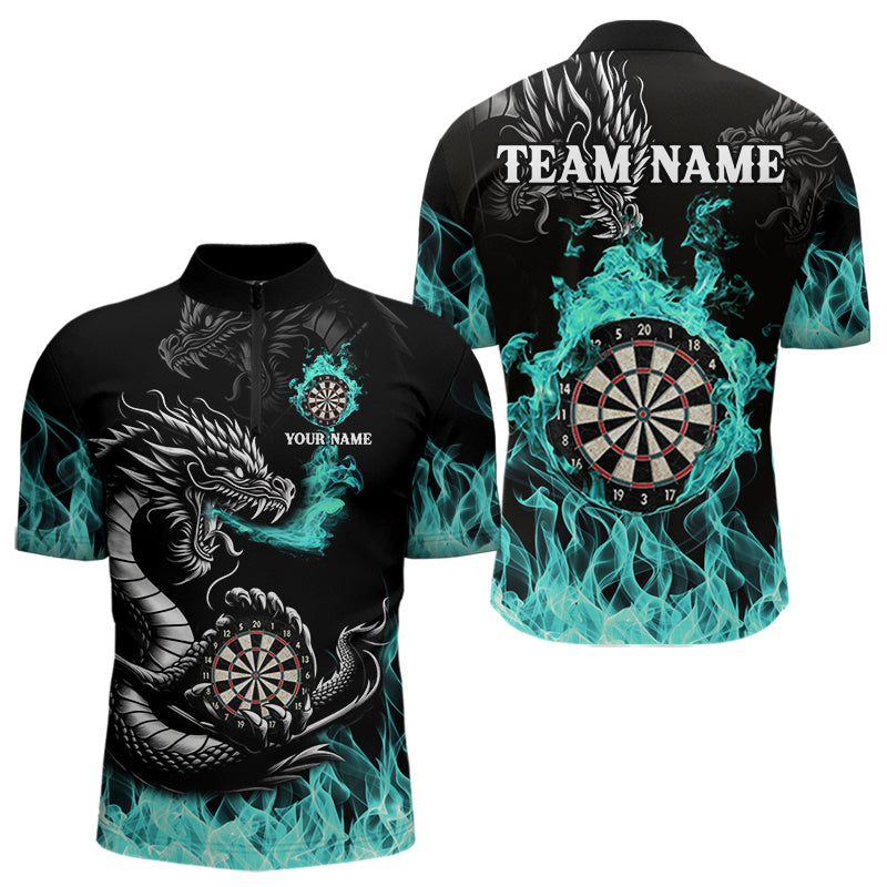 Personalisiertes Türkisfarbenes Flaming-Dragon Dartshirt Für Herren – Teamtrikot Polo & 1/4 Zip TDM4592