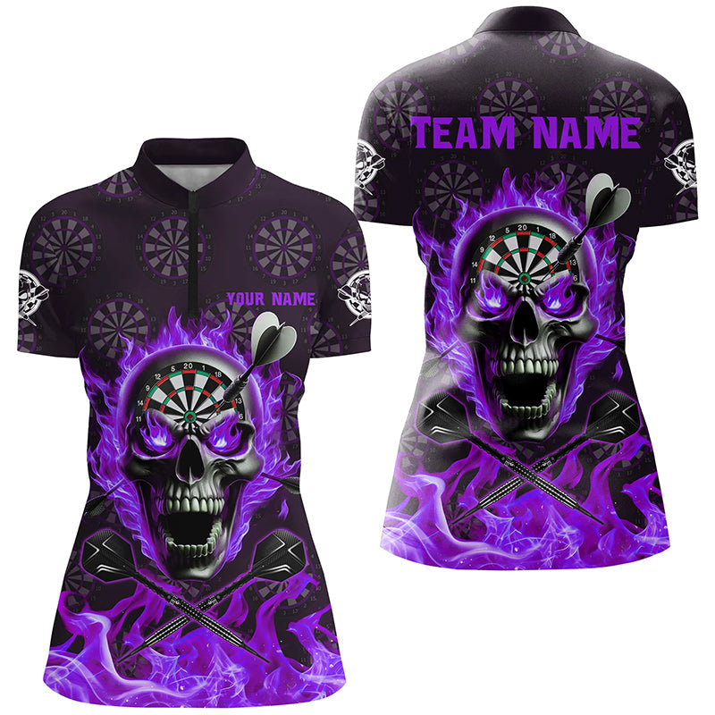 Individuelles Lila Totenkopf Feuer Flamme Dart Damen Quarter Zip Shirt, Dart Trikot Für Team TDM2519