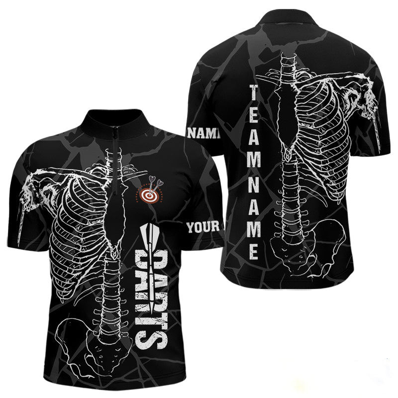 Individuelles Weißes Skelett Schwarzes Grunge Dart Viertelreißverschluss Herren Shirt – Lustige Dart Trikots TDM3746