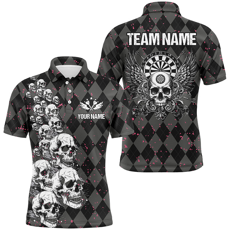 Individuelles Flügel-und-Totenschädel-schwarzes Argyle-Dart-Poloshirt für Herren, Lustiges Darttrikot TDM2781