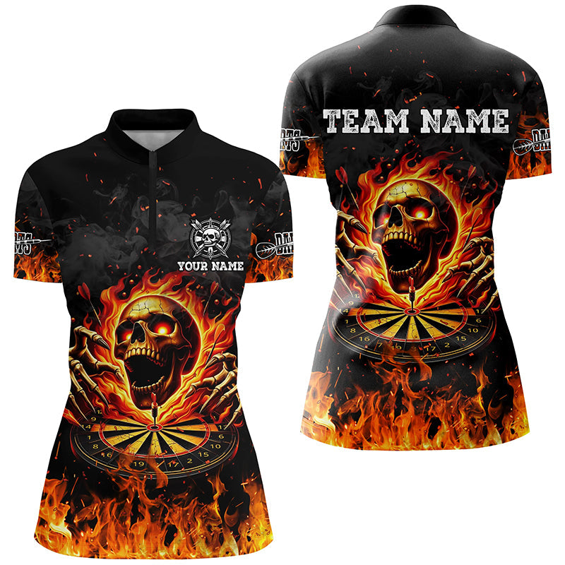 Individuelles Feuer Totenkopf Flamme Dartboard Dart Damen Quarter Zip Shirt, Dart Team Trikot TDM2280
