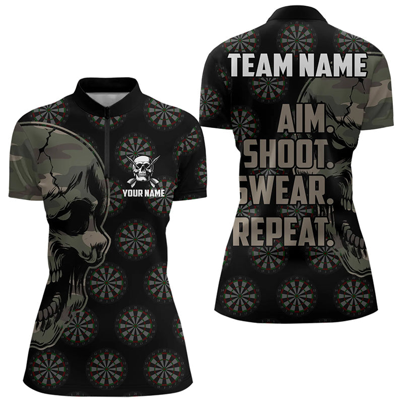 Lustiges Tarnmuster Darts Totenkopf Ziel Schuss Fluch Wiederholung personalisiertes Damen-Dartshirt, Vintage-Darttrikots TDM3266