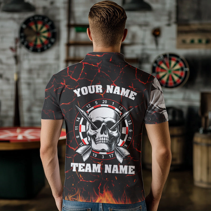 Rotes Leuchtendes Feuer Riss Schädel Dartshirts Maßgeschneiderte Gruselige Herren Dartshirts Dart Trikot TDM3267