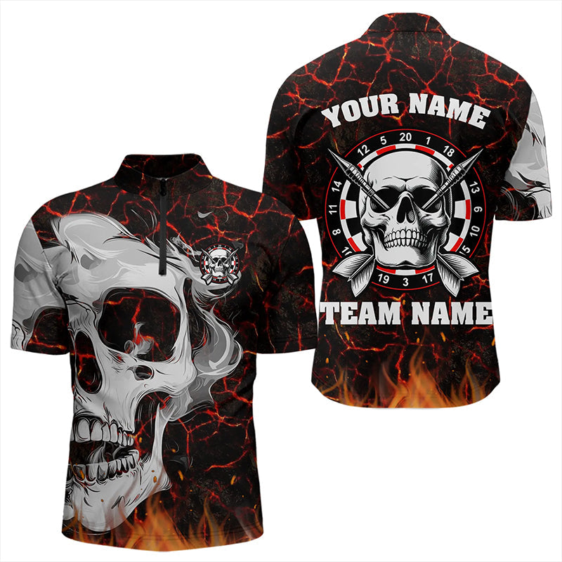 Rotes Leuchtendes Feuer Riss Schädel Dartshirts Maßgeschneiderte Gruselige Herren Dartshirts Dart Trikot TDM3267
