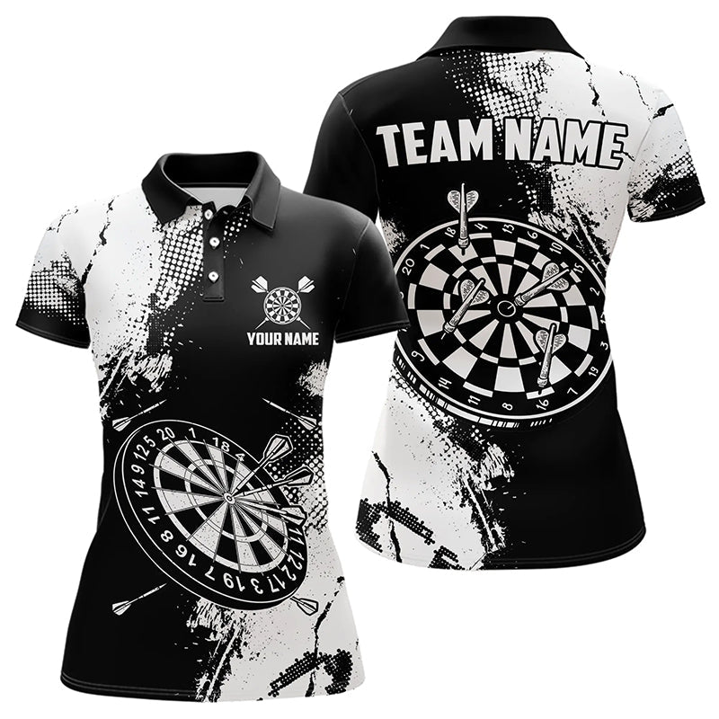 Grunge Schwarz-Weiß Dart-Poloshirt für Damen, Individuelle Dartshirts, Retro Dart-Trikots TDM3271
