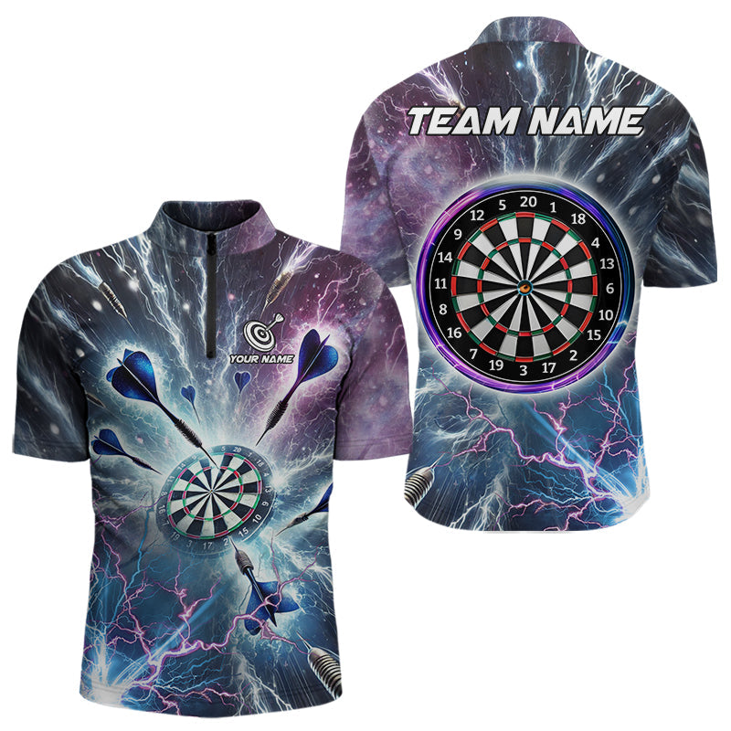 Individuelles Blau und Lila Galaxy Thunder Lightning Dart Viertelreißverschluss Herren Shirt – Dart Trikots TDM3768