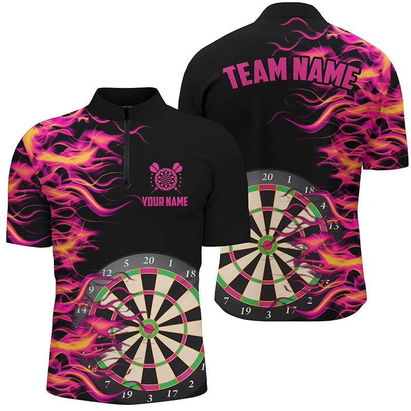 Individuelles Pinkes Feuerflamme Dartboard Herren Shirt mit Viertelreißverschluss, Dart Team Trikot Uniform TDM1294