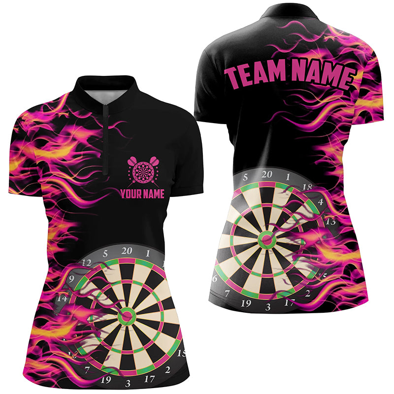 Individuelles pinkes Fire Flame Dart Board Damen Quarter Zip Shirt, Dart Team Uniform TDM1294