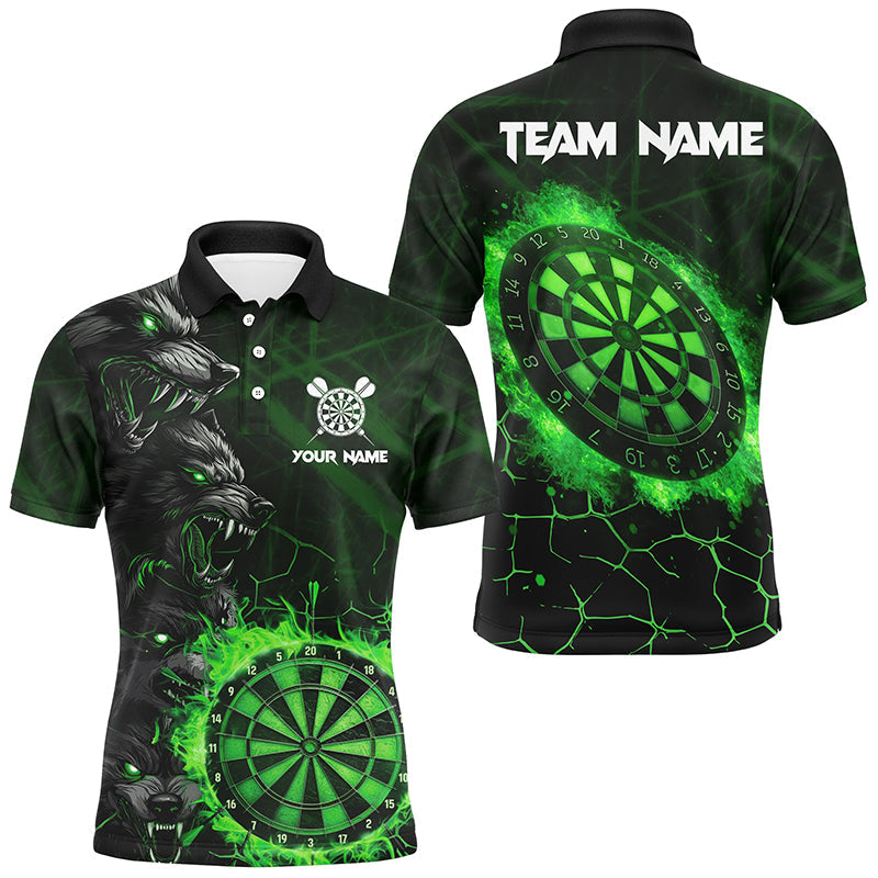 Individuelles grünes Dartbrett-Feuerflamme-Wolf-Dart-Poloshirt für Herren, Dart-Teamtrikot Team TDM2799