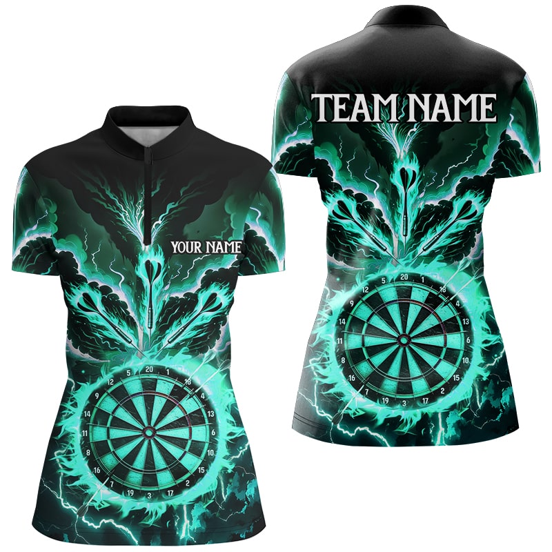 Individuelles Blitz Rauch Flamme Türkis Dart Damen Quarter Zip Shirt, Team Dart Trikot TDM2802
