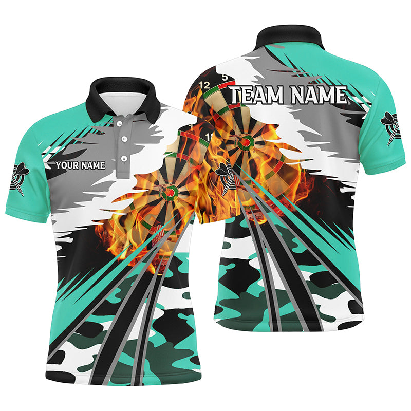 Individuelles Dartbrett Feuer Herren Poloshirt, Türkises Camouflage Dart-Teamtrikot TDM2555
