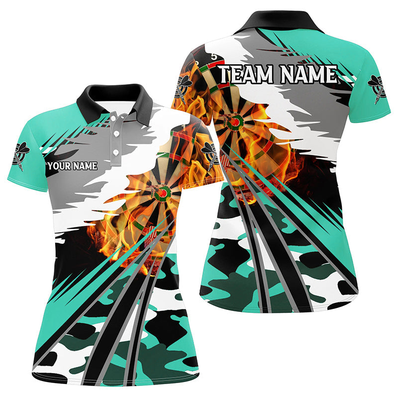 Individuelles Dartbrett Feuer Herren Poloshirt, Türkises Camouflage Dart-Teamtrikot TDM2555