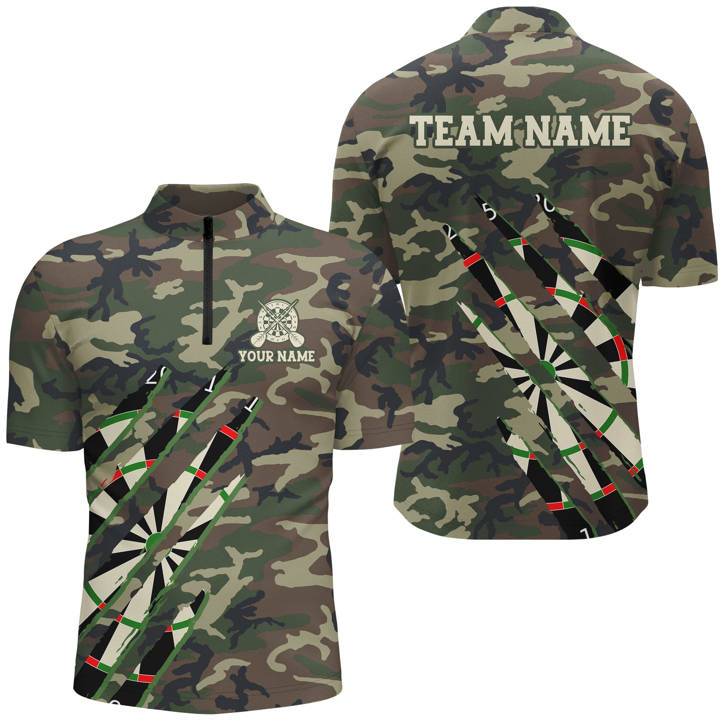 Individuelles Militär Grün Camo Herren Shirt mit Viertelreißverschluss, Armee Dart Team Trikot TDM2559