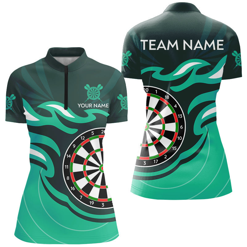 Individuelles Türkises Dartboard Flamme Dart Quarter Zip Shirt Für Damen, Dart Trikot Team Uniform TDM3053