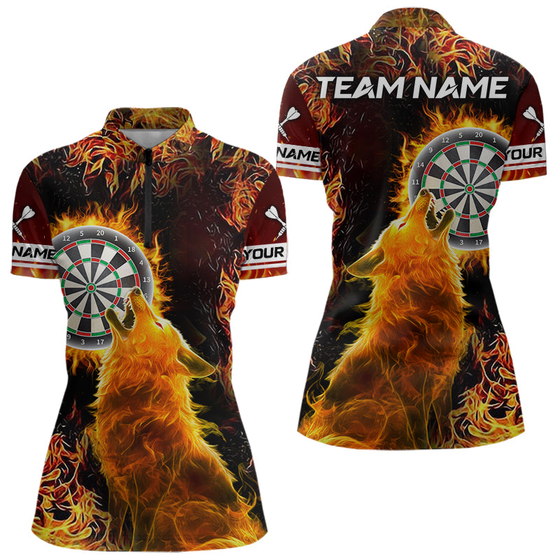 Individuelles Orange Flamme Dartbrett Wolf Dart Damen Quarter Zip Shirt – Dart Team Trikots TDM3783