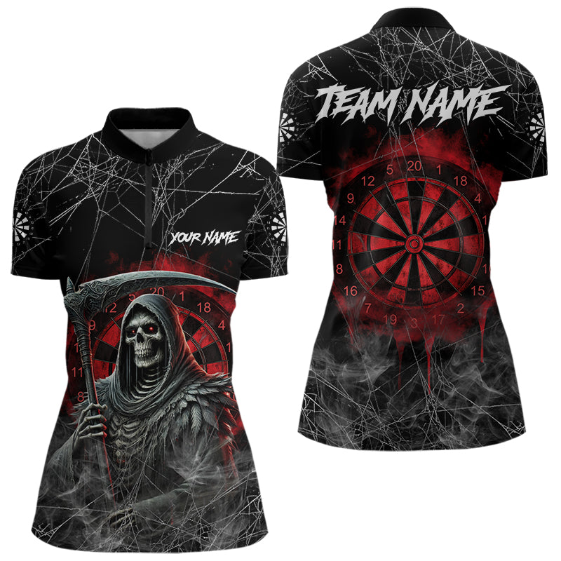Individuelles Schwarzes und Rotes Rauch Grim Reaper Dart Quarter Zip Shirt Für Damen – Dart Trikots TDM3785