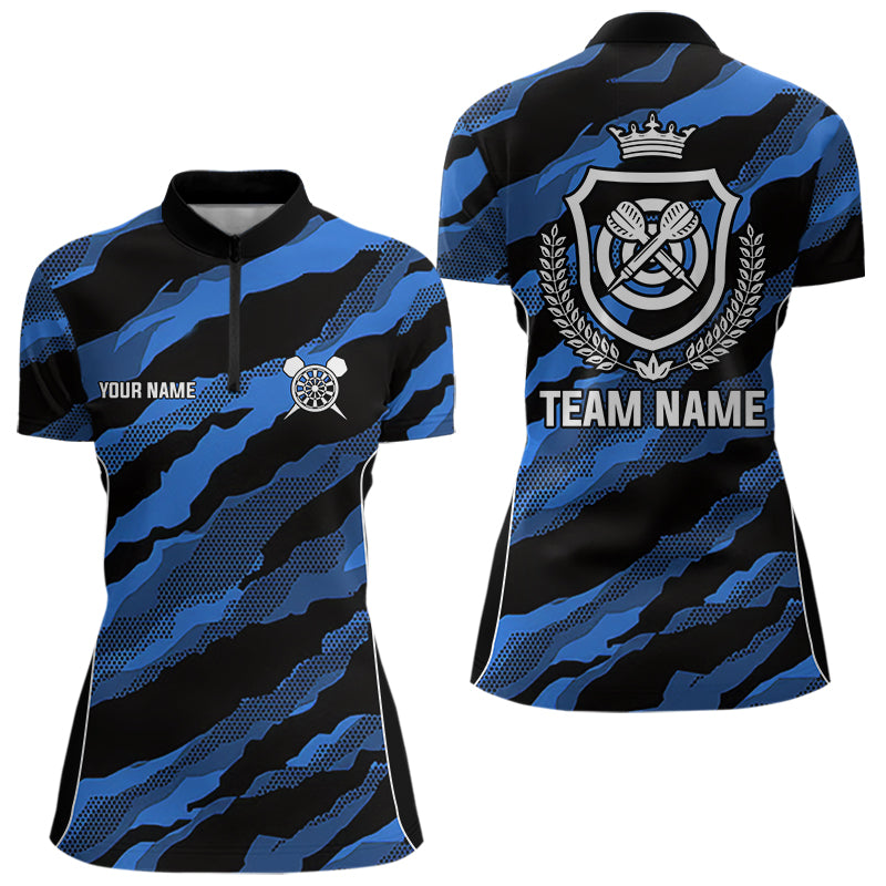 Individuelles Blaues Camo Dart Quarter Zip Shirt Für Damen – Tarnung Dart Team Trikot TDM3786