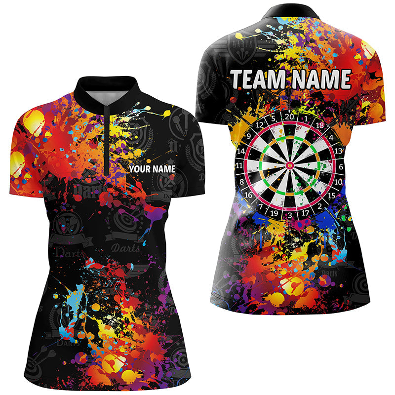 Schwarzes Dartboard Farbklecks-Design, Damen-Dartshirt personalisiert, Grunge-Stil TDM1894