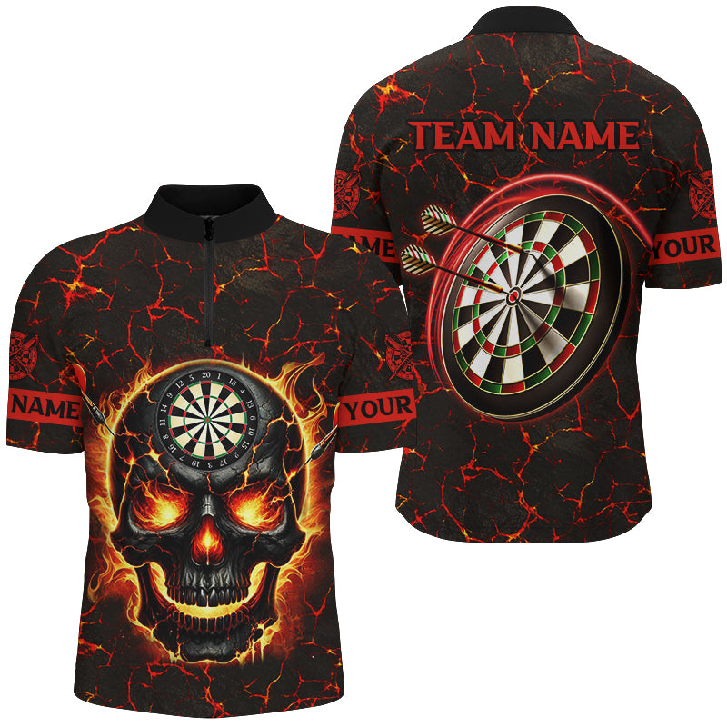 Individuelles Fire Flame Skull Magma Muster Herren Shirt mit Viertelreißverschluss, Rotes Dart League Trikot TDM2584