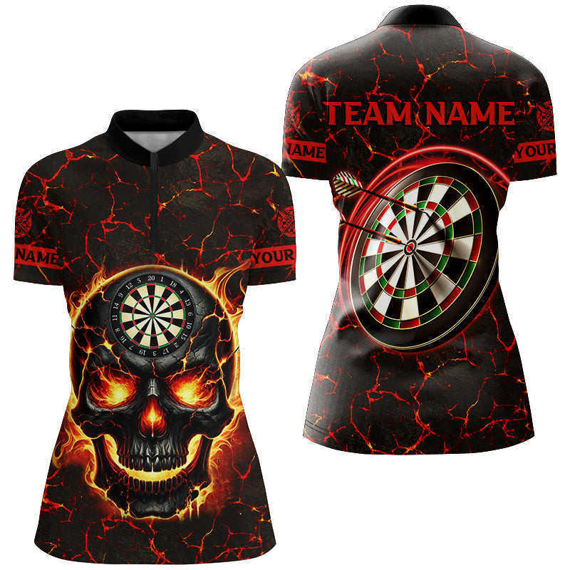 Individuelles Feuer Flamme Totenkopf Magma Muster Damen Quarter Zip Shirt, Rotes Dart Liga Trikot TDM2584