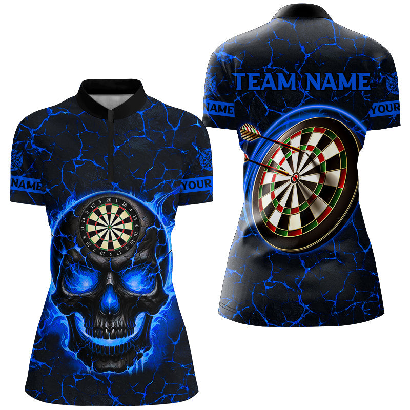 Individuelles Feuer Flamme Totenkopf Magma Muster Damen Quarter Zip Shirt, Blaues Dart Liga Trikot TDM2585