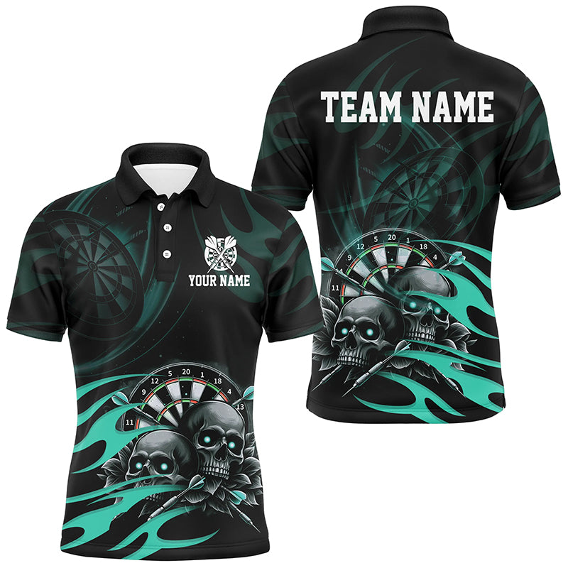 Individuelles lustiges Totenschädel-Türkis-Wirbel-Muster-Dart-Poloshirt für Herren, Darttrikot TDM2836