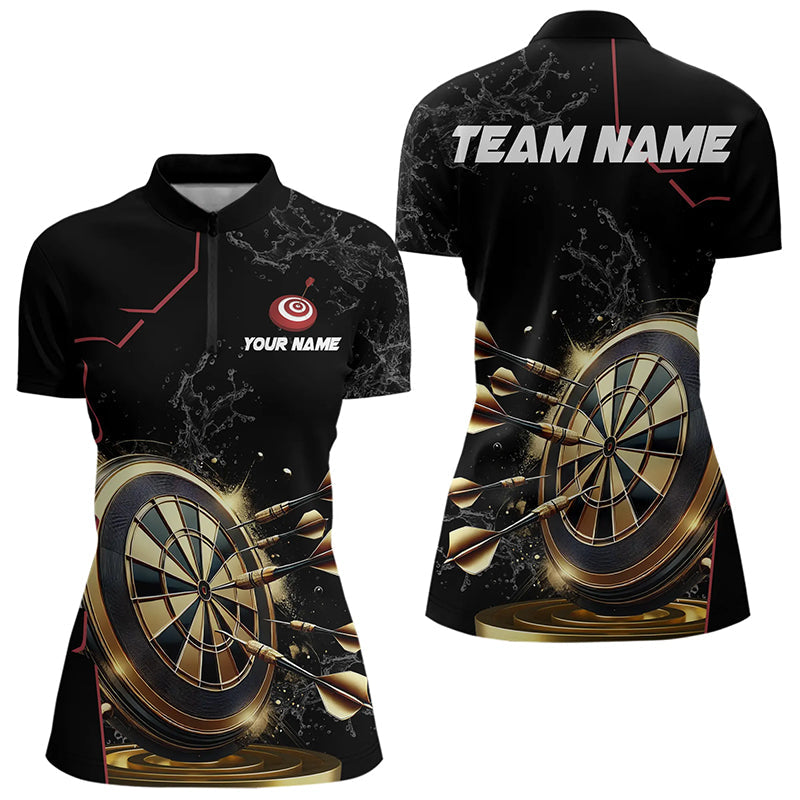 Schwarze und Goldene personalisierte Dartshirts für Damen, leuchtende Dart-Teamtrikots TDM3311