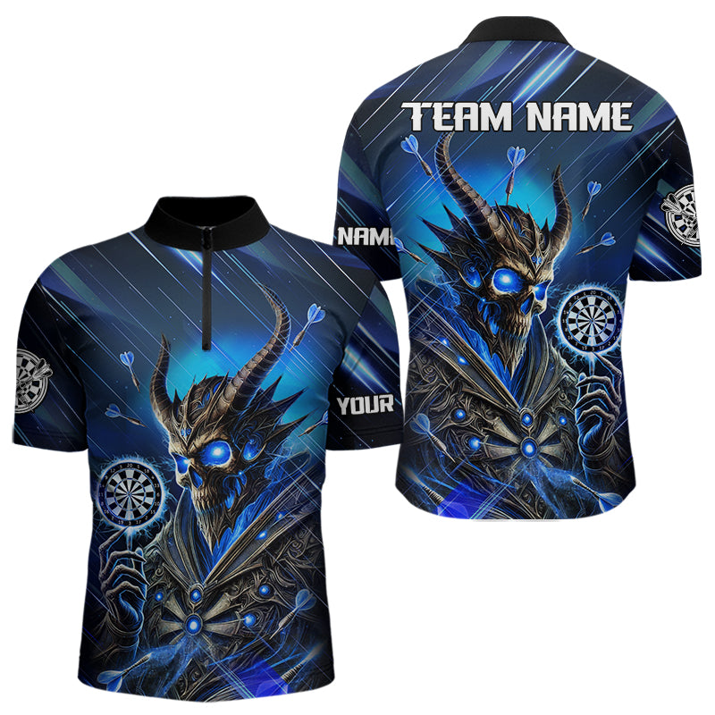 Individuelles Blau Leuchtender Sensenmann Dart Viertelreißverschluss Herren Shirt, Skull Dart Trikot TDM3640