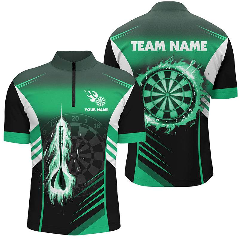 Individuelles Darts Fire Arrow Herren Shirt mit Viertelreißverschluss, Flammen Dart Trikot Grün TDM2591