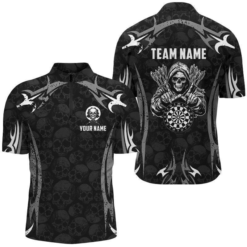 Individuelles Schwarz Grau Death Skeleton Skull Herren Shirt mit Viertelreißverschluss, Gruseliges Dart Team Trikot TDM2594