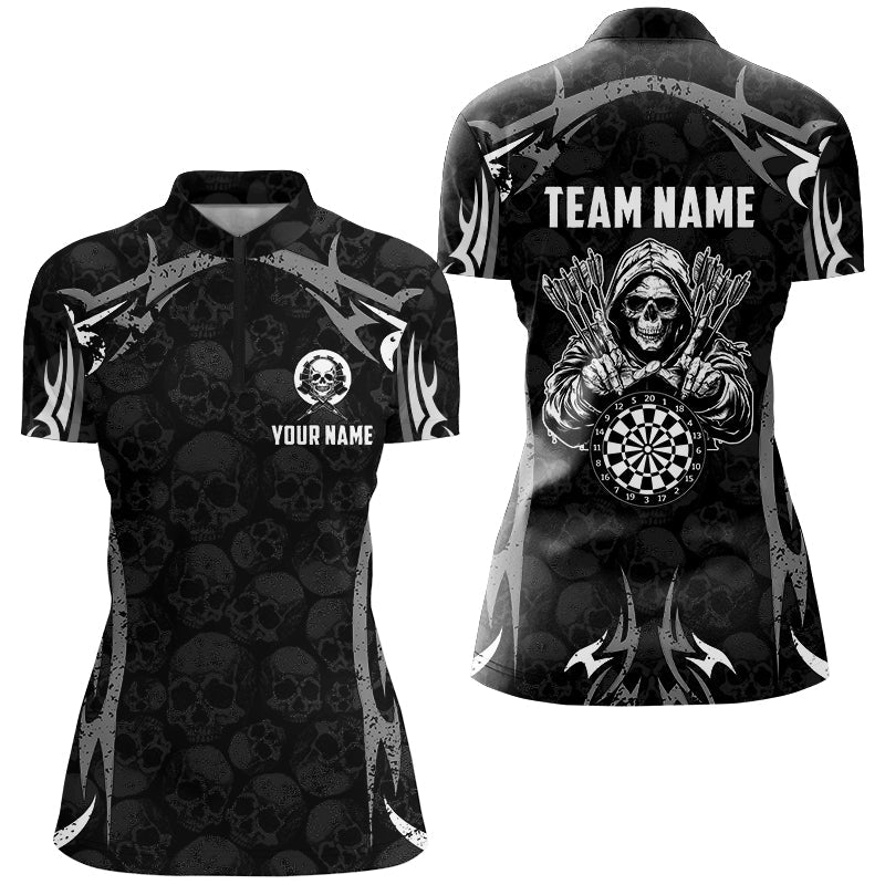 Individuelles Schwarzes Graues Todes-Skelett Totenkopf Damen Quarter Zip Shirt, Gruseliges Dart Team Trikot TDM2594