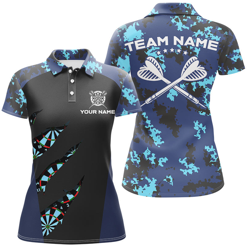 Individuelles Blaues Camo Dart Poloshirt für Damen, Camouflage Dart Trikot Team TDM2840